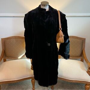 Vintage 1950s Elegant Black Fur Sheared Beaver Long Coat, Size XL